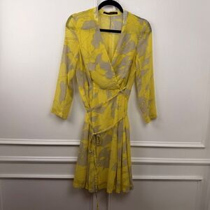 Zara Basic Yellow Grey Floral Wrap Mini Dress Long Sleeve V-Neck Small